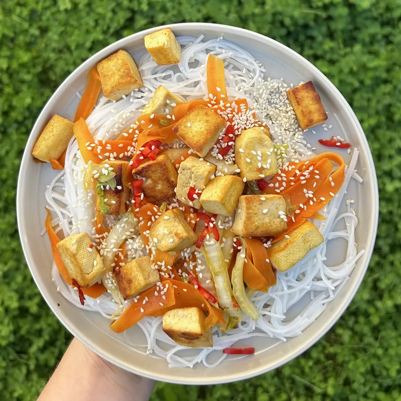 Křupavé tofu s rýžovými nudlemi a zeleninou, recept z Nutrikalkulačky