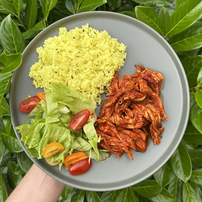 Krůtí trhané maso s rýží a salátkem, recept z Nutrikalkulačky