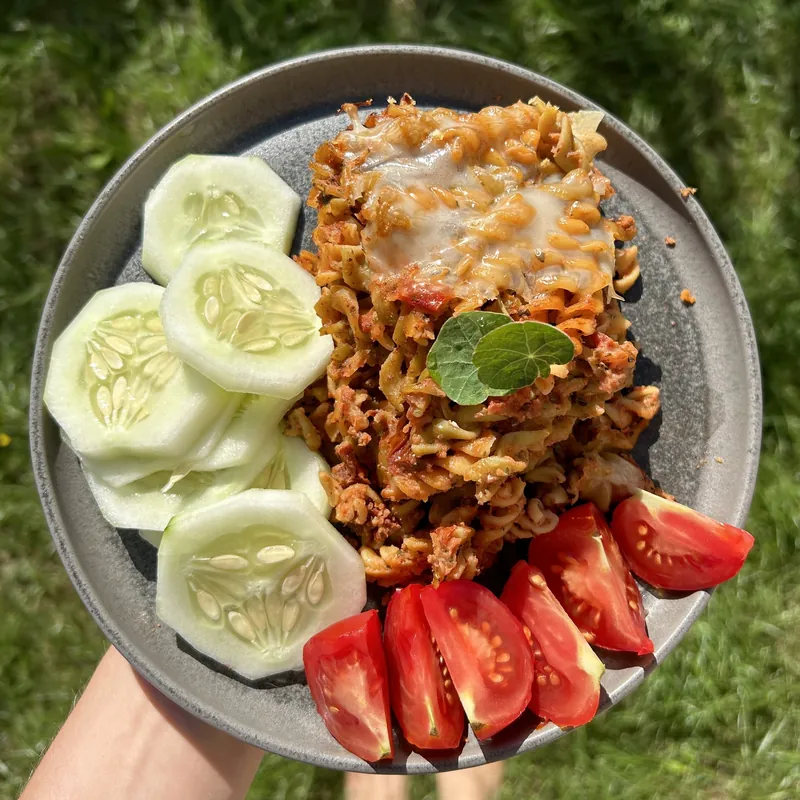Zapečené těstoviny z červené čočky, recept z Nutrikalkulačky