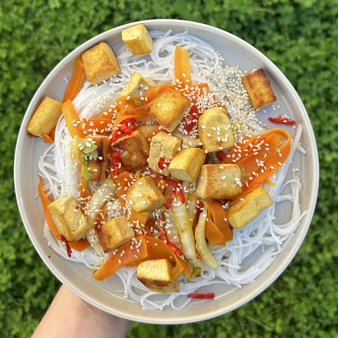 Křupavé tofu s rýžovými nudlemi a zeleninou, recept s výživovými hodnotami