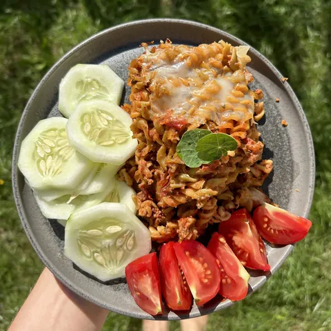 Zapečené těstoviny z červené čočky, recept z Nutrikalkulačky